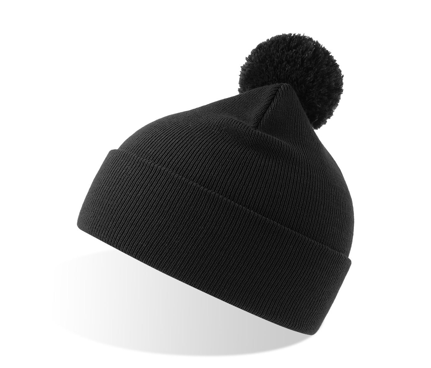 Шапка вязаная  двойная Wind-S, с отворотом и помпоном, чёрный, 100% переработанный полиэстер