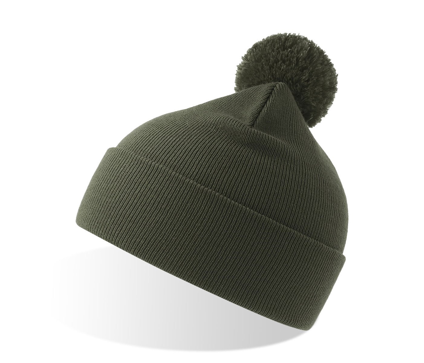 Шапка вязаная  двойная Wind-S, с отворотом и помпоном, оливковый, 100% переработанный полиэстер