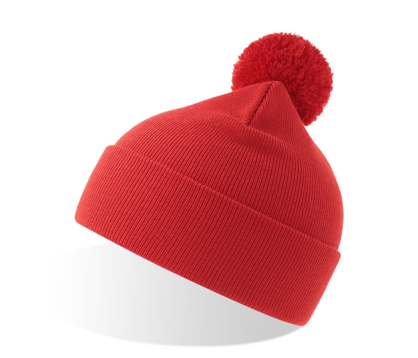 Шапка вязаная  двойная Wind-S, с отворотом и помпоном, красный, 100% переработанный полиэстер